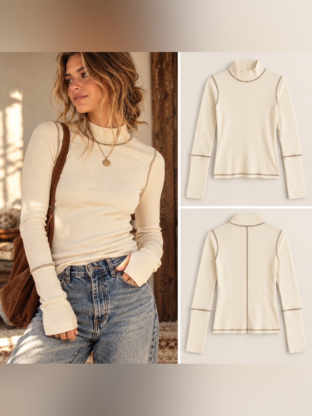 Free People The Rickie Ribbed Mock Neck Top XS Ivory Contrast Stitch